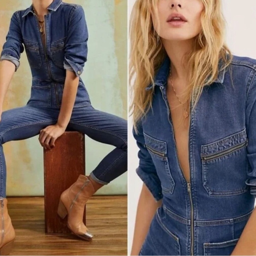 Free People Lennox blue denim jumpsuit Medium